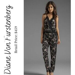 Diane von Furstenberg Size 0 Shany Lace Silk Blend Jumpsuit in Nougat and Black
